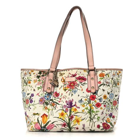 GUCCI Canvas Flora Floral Medium Jolicoeur Tote White 